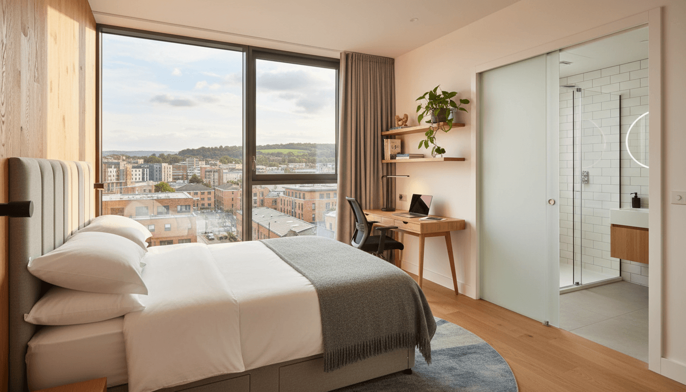 Bright en-suite bedroom at Dralda House Accommodation showing modern furnishings and natural light