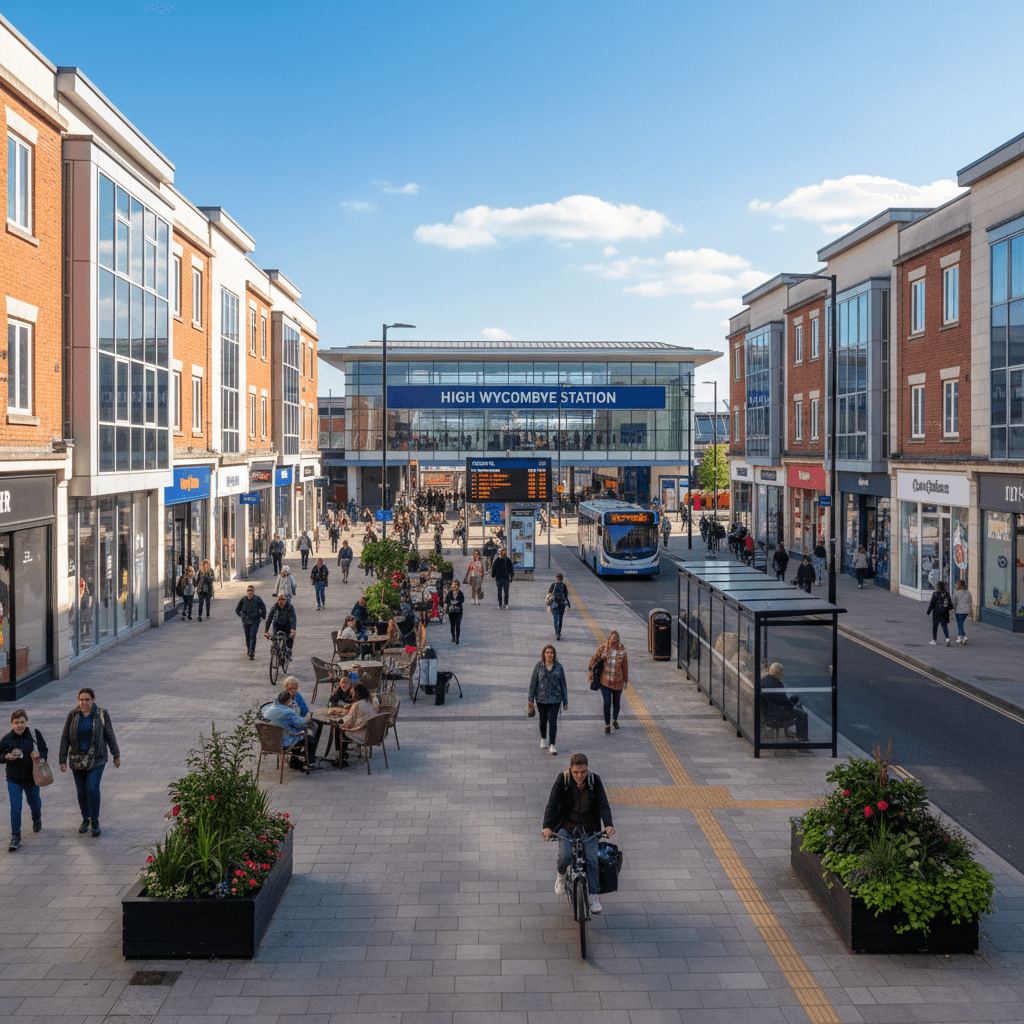 High Wycombe town centre with shops, transport links, and local amenities