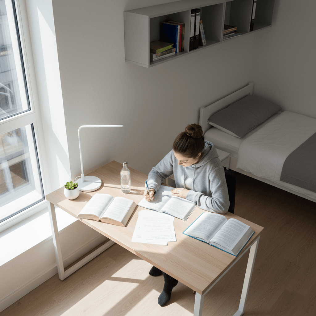 Overhead view of focused student studying at organized desk with textbooks, notes, and lamp in bright hostel room