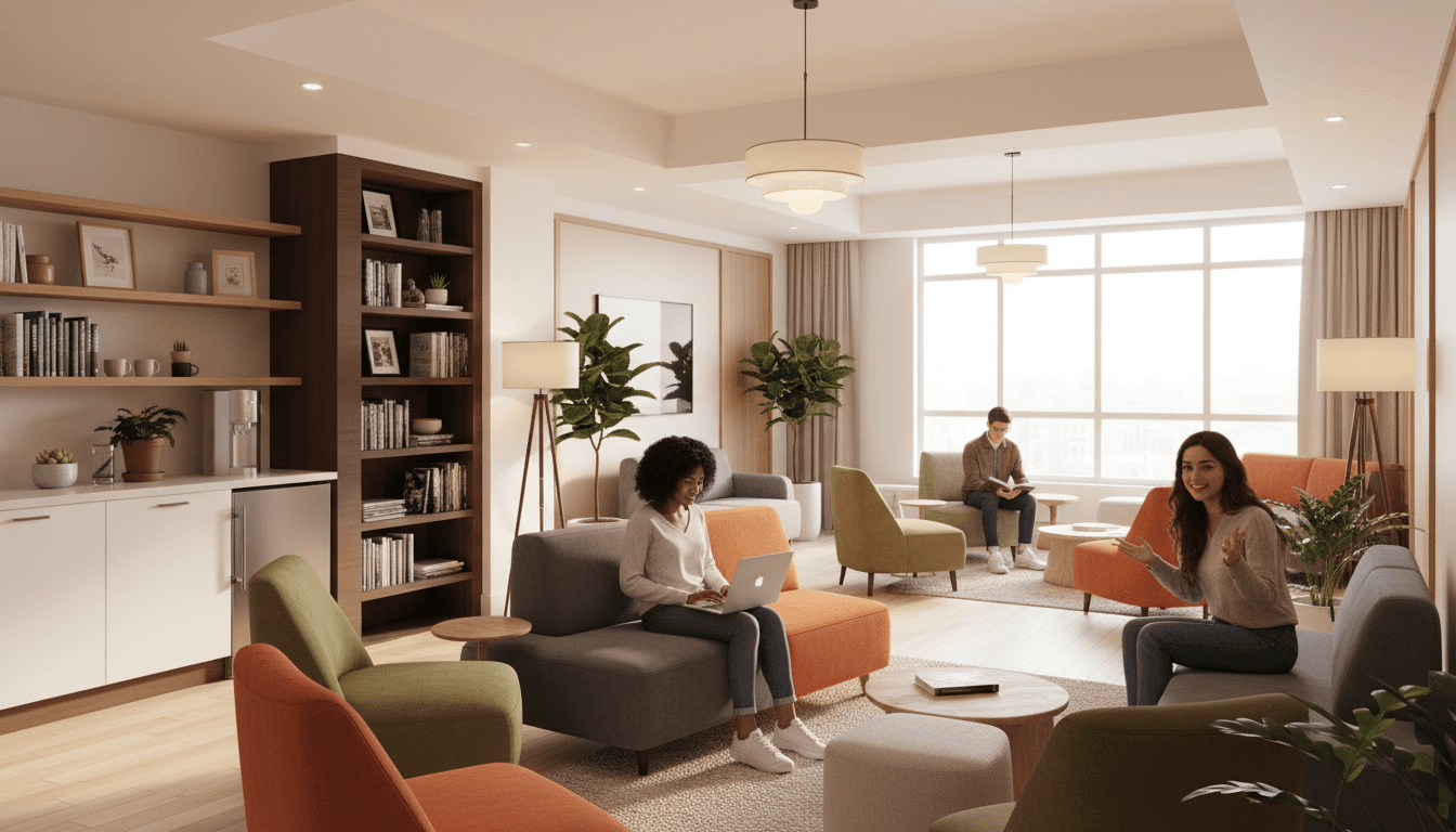 Modern student accommodation common room at dusk with residents relaxing and socializing in warm lighting