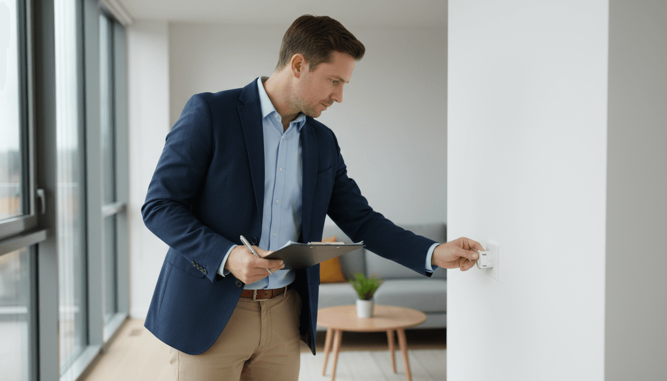 Property manager inspecting residential apartment with clipboard, examining wall outlet during routine maintenance check