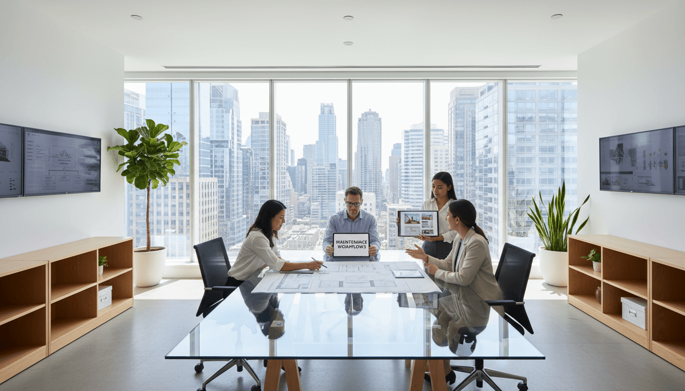 Diverse property management team collaborating at conference table with property documents and digital devices